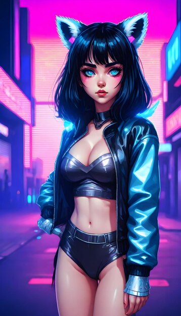 a girl with a blue shirt and a black belt is standing in front of a neon sign that says anime