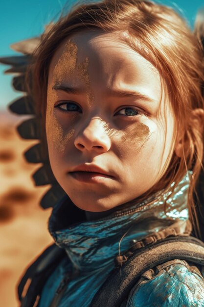 A girl with a blue shirt and blue eyes stands in a desert.