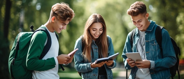 Foto una ragazza con una camicia blu sta guardando un tablet con altri studenti