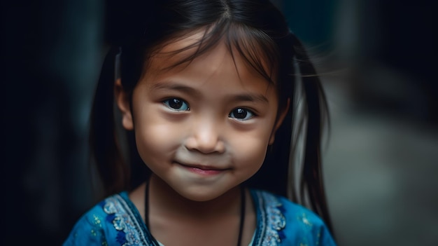 A girl with a blue shirt that says'i'm a child '