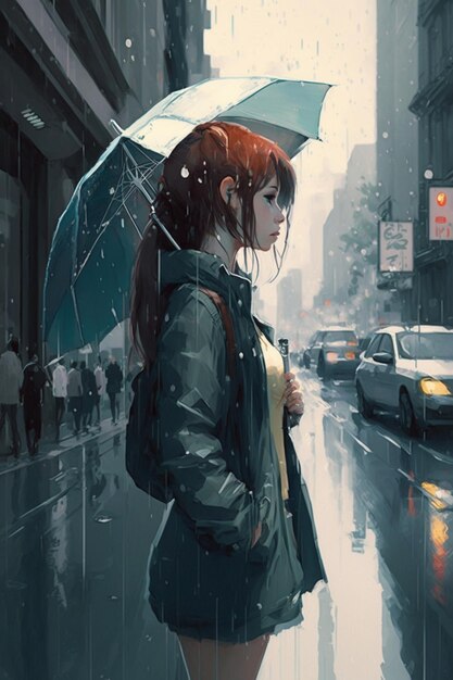 Photo a girl with a blue umbrella in the rain