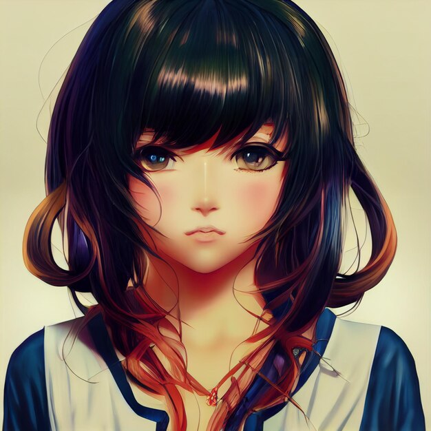 Photo a girl with a blue and white shirt and black hair.