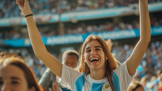 a girl with a blue and white shirt is celebrating with the word japan on the front