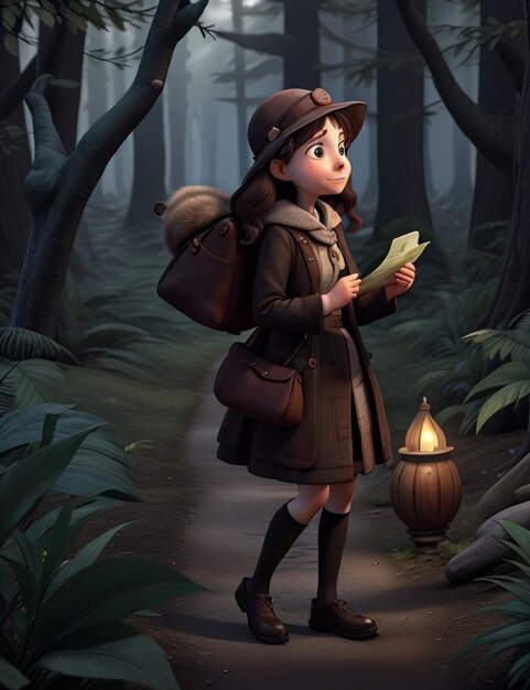 a girl with a book in her hand is standing in a forest with a book in her hand.