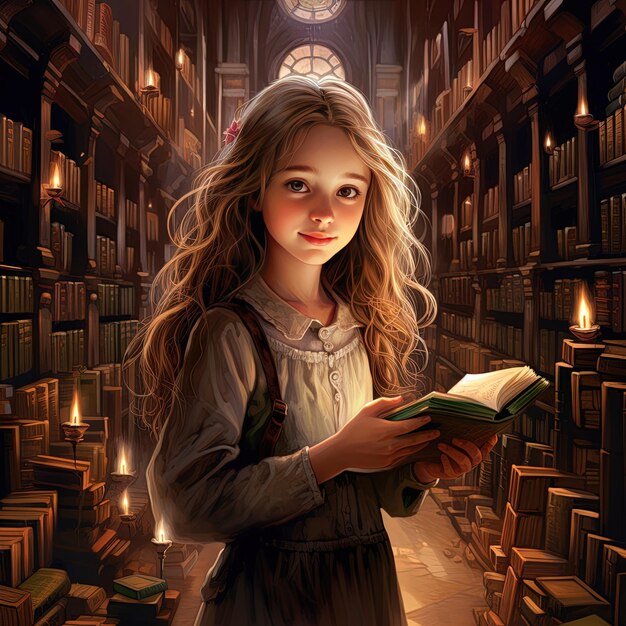 a girl with a book in her hand is standing in a library with many books