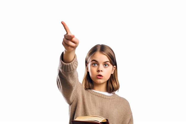 girl with book in her hand pointing upwhite background