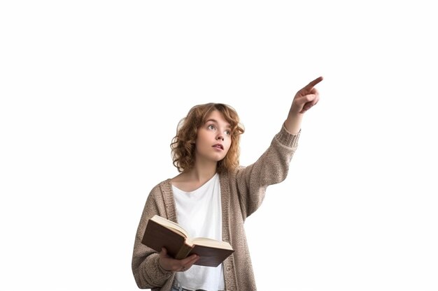 girl with book in her hand pointing upwhite background