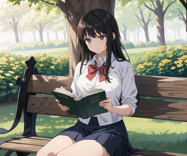 A girl with a book in her hand sits on a bench reading a book.