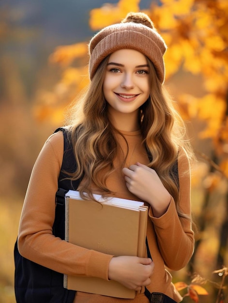 a girl with a book on her shoulder