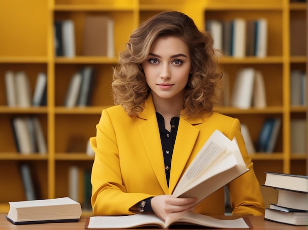 明るい黄色のスーツと黄色の図書館の背景を着た本とファイルを持つ女の子