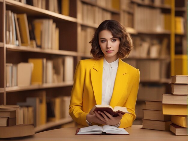 明るい黄色のスーツと黄色の図書館の背景を着た本とファイルを持つ女の子