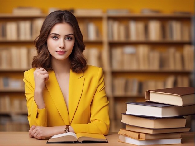 A girl with books and files wearing bright yellow suit and yellow library background