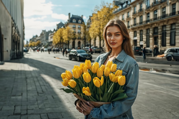 Девушка с букетом цветов на городской улице в солнечный день
