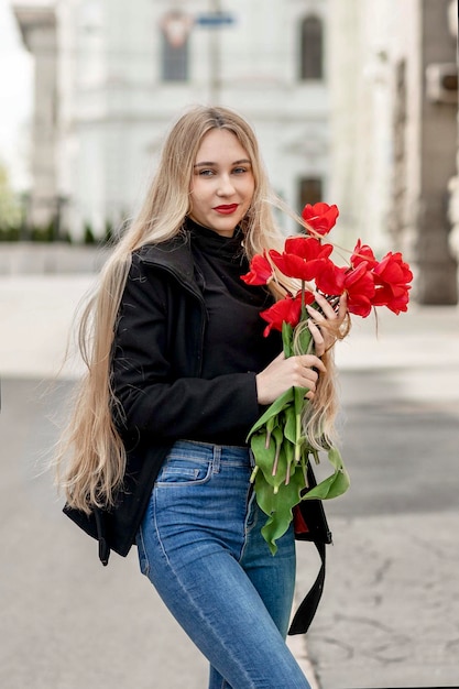 Девушка с букетом красных тюльпанов