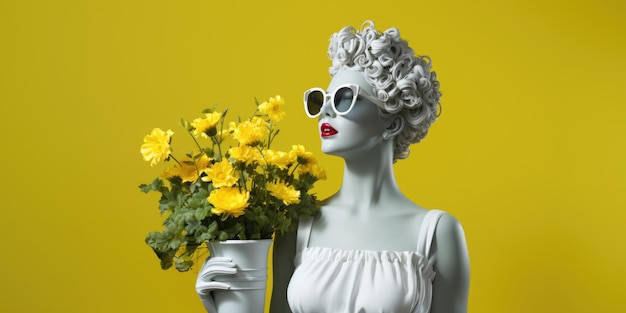 Girl with a bouquet of yellow flowers on a yellow background