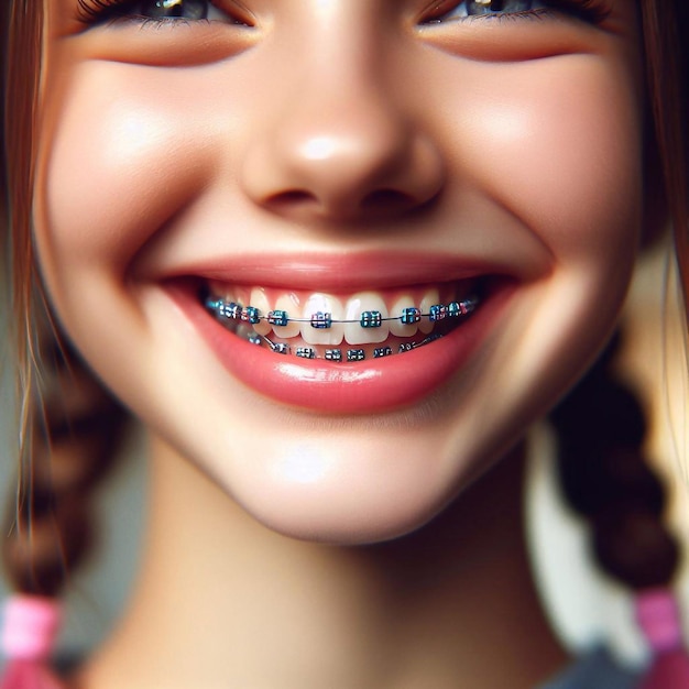 девушка с брекетами на зубах и зубами, показывающими улыбку