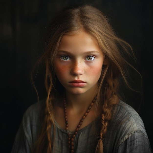 a girl with a braided hair and a braid is standing in front of a black background.