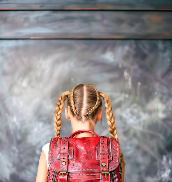 A girl with braided hair is wearing a red backpack