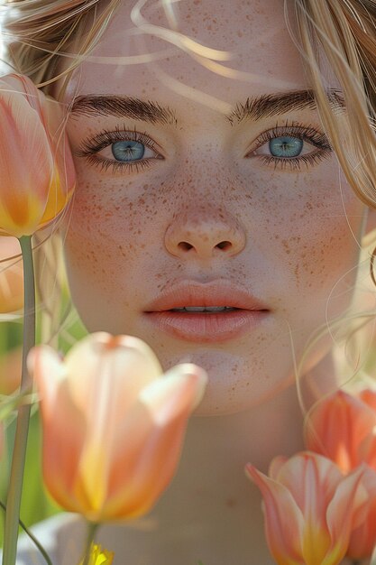 Foto ragazza con gli occhi blu luminosi vicino a un campo di tulipani