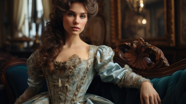 Photo a girl with brown hair in a magnificent historical red dress in a mansion room