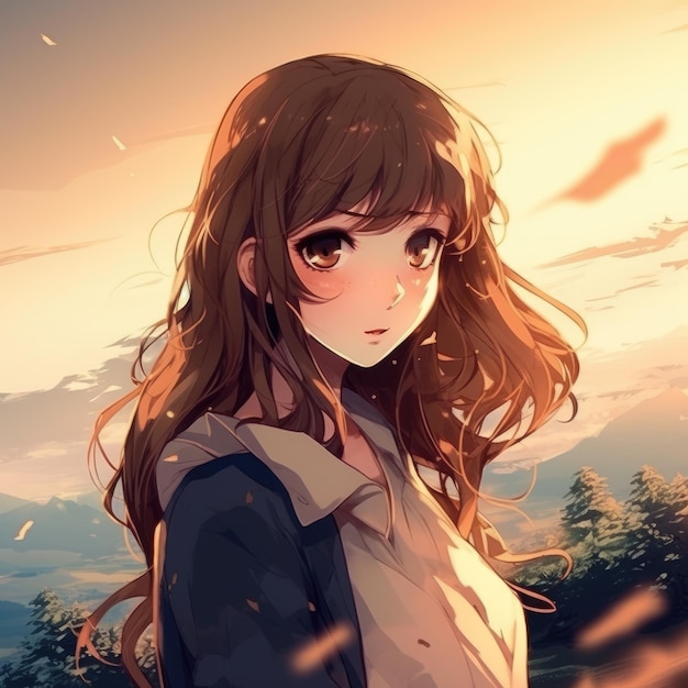 A girl with brown hair and a white shirt stands in front of a mountain.