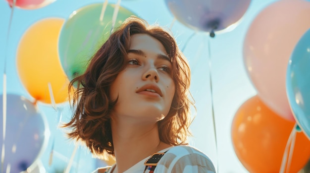 a girl with brown hair and a white shirt with orange and yellow balloons
