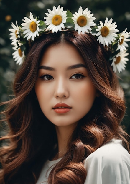 Photo a girl with brown hair and a wreath of daisies