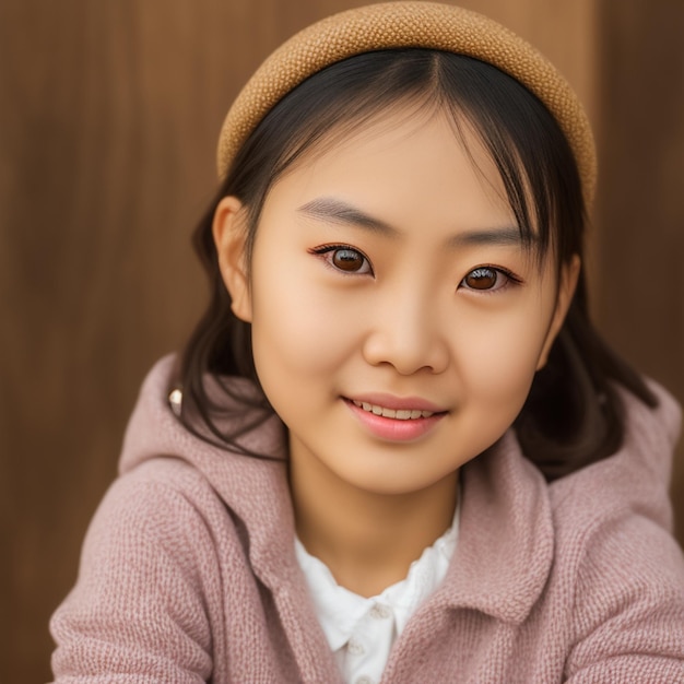 A girl with a brown hat and a pink sweater is smiling.