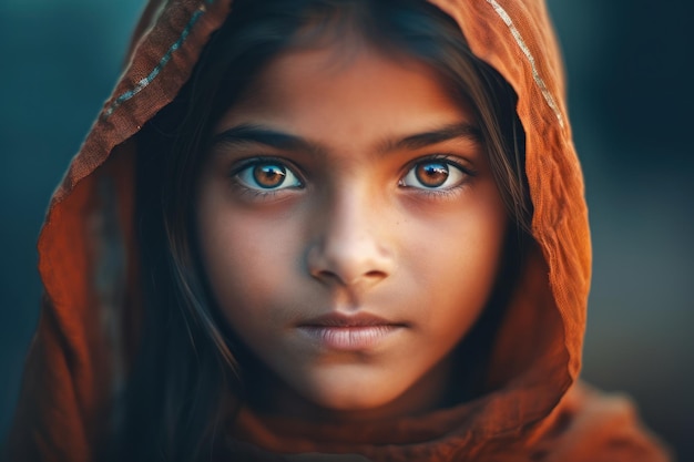 A girl with a brown hood and brown eyes looks at the camera.