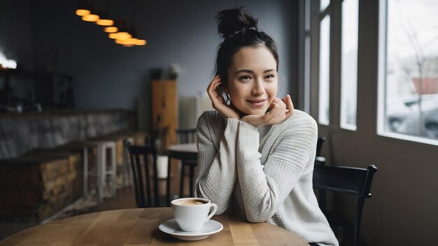 Photo girl with bun leaned on wooden table in cafe photo of woman in light sweater posing with cup of cof