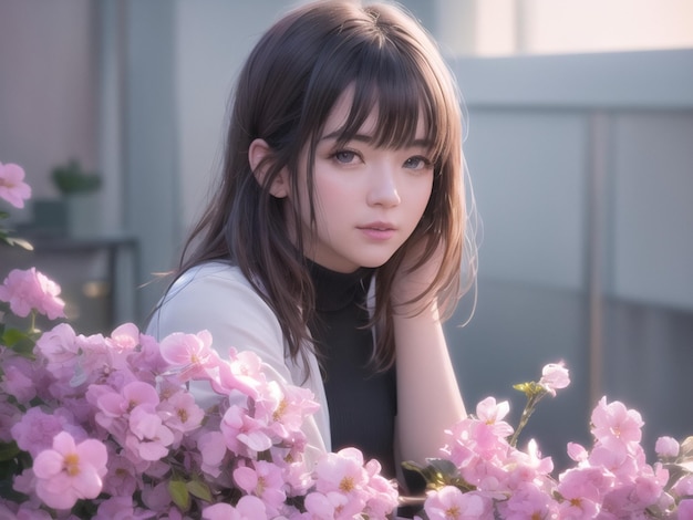 A girl with a bunch of flowers in her hair