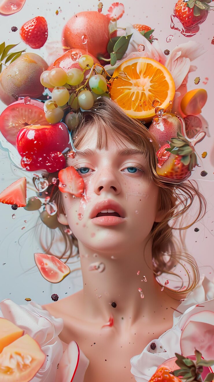 Фотография девушка с кучей фруктов на голове