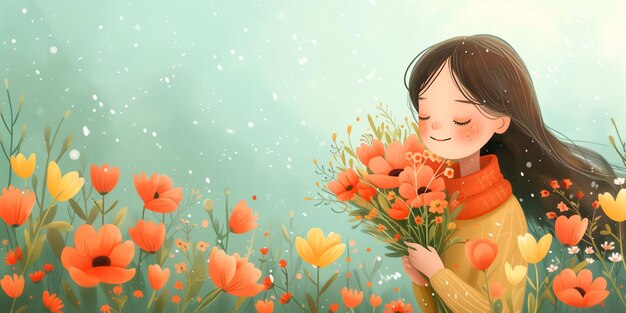 Girl with bunch of tulip flowers on a meadow mothers day birthday and friendship connect to nature