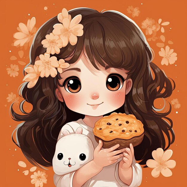 Foto ragazza con coniglietto che tiene il vettore di biscotti nello stile dell'arte kawaii