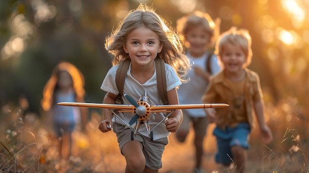 a girl with a butterfly on her back runs through the grass with her children