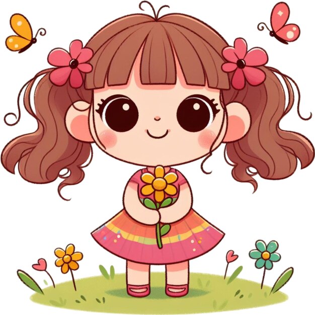 a girl with a butterfly in her hand is holding a flower