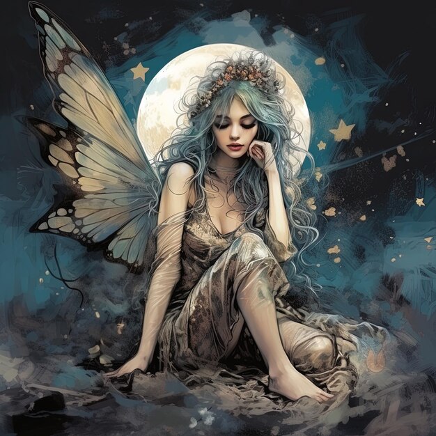 a girl with a butterfly wings sits on the ground with a moon in the background