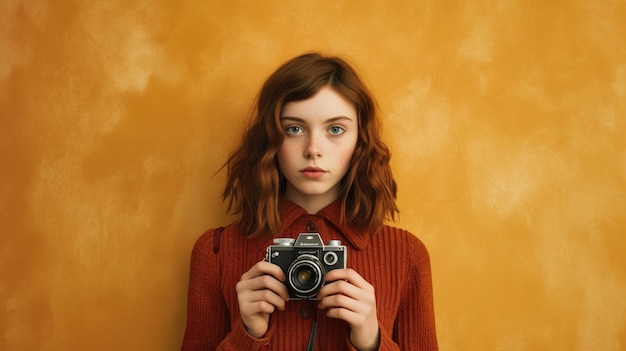 A girl with a camera in front of a gold background