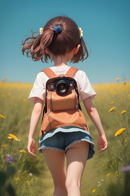 A girl with a camera on her back walks through a field of flowers.