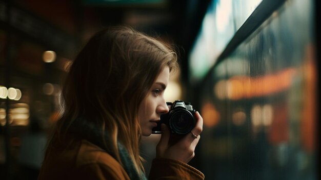 A girl with a camera looking out of a window