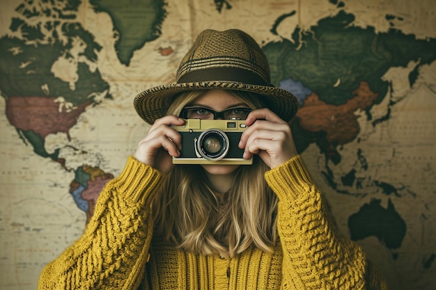 Photo girl with a camera world graphy day