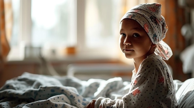 Girl with cancer sits on bed in hospital room