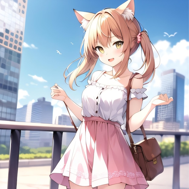 A girl with a cat ears is standing on a bridge in front of a cityscape