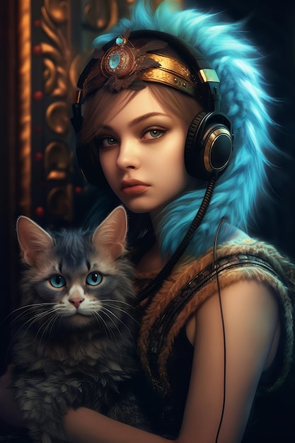 耳に猫を抱えた女の子