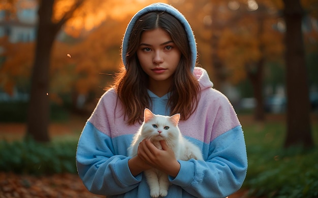 a girl with a cat in her hand and a cat in the background