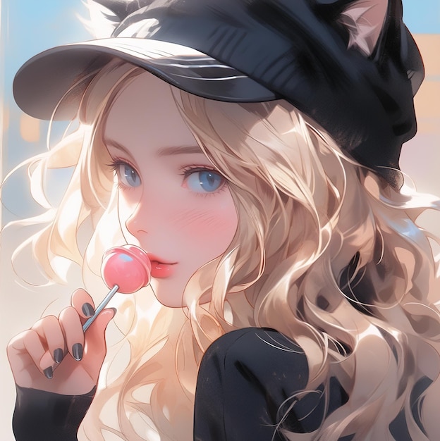 A girl with a cat on her hat is eating a lollipop.