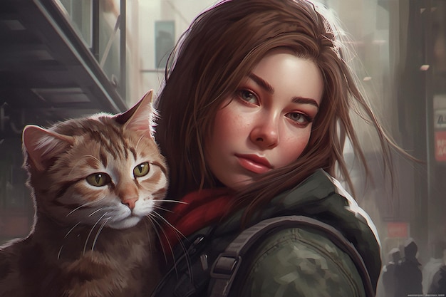 A girl with a cat on her shoulder