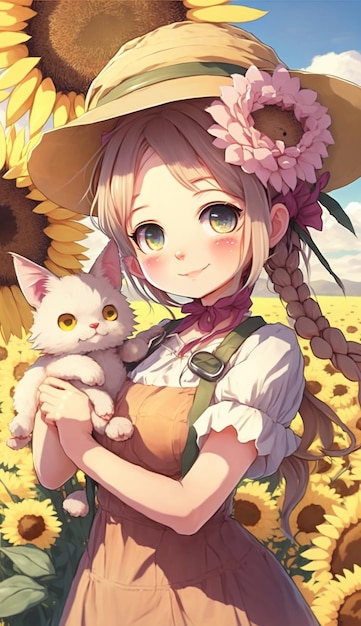 A girl with a cat and a sunflower