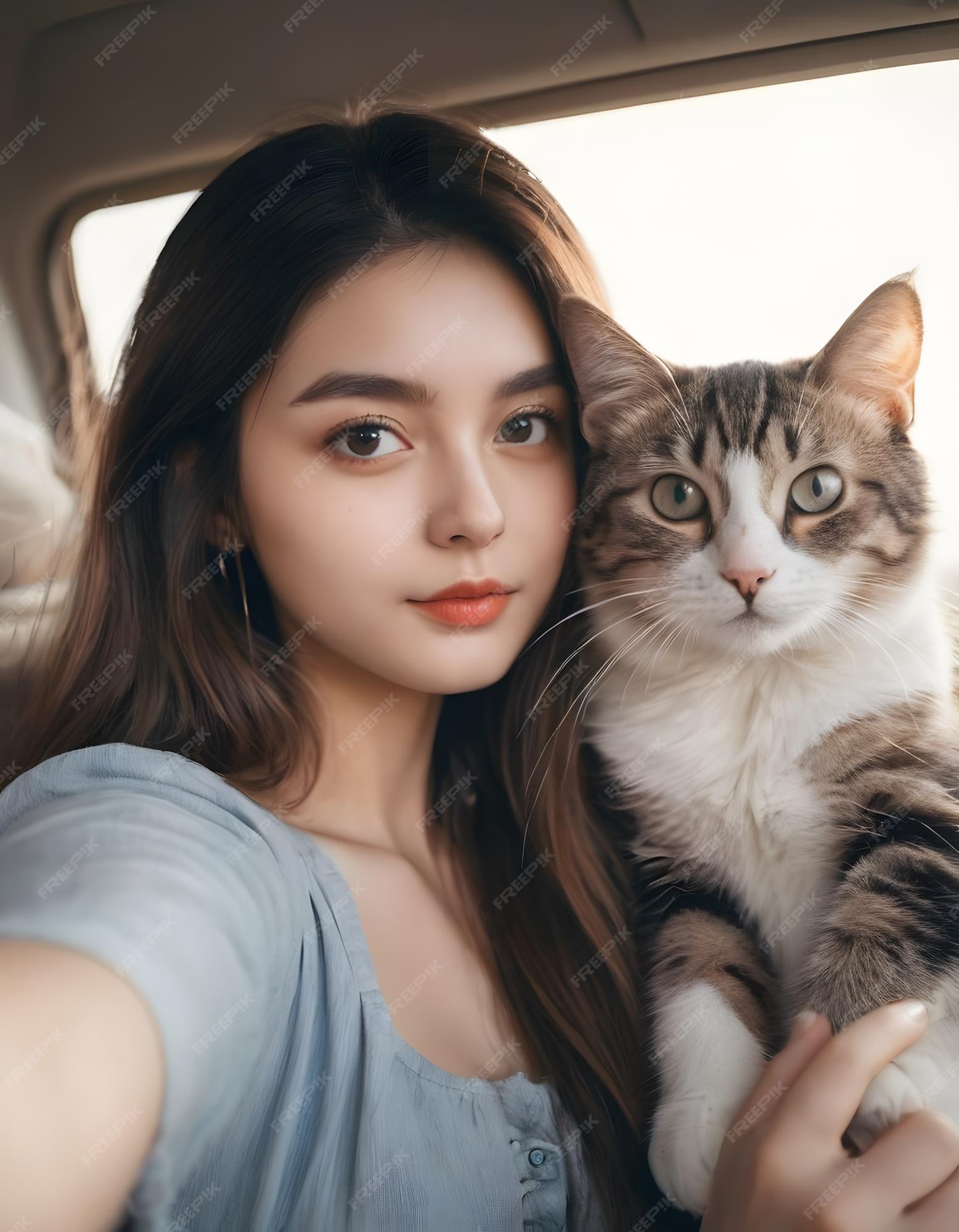  Premium Photo | Girl with cat taking selfie