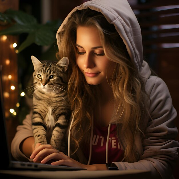 Photo girl with cat working on laptop